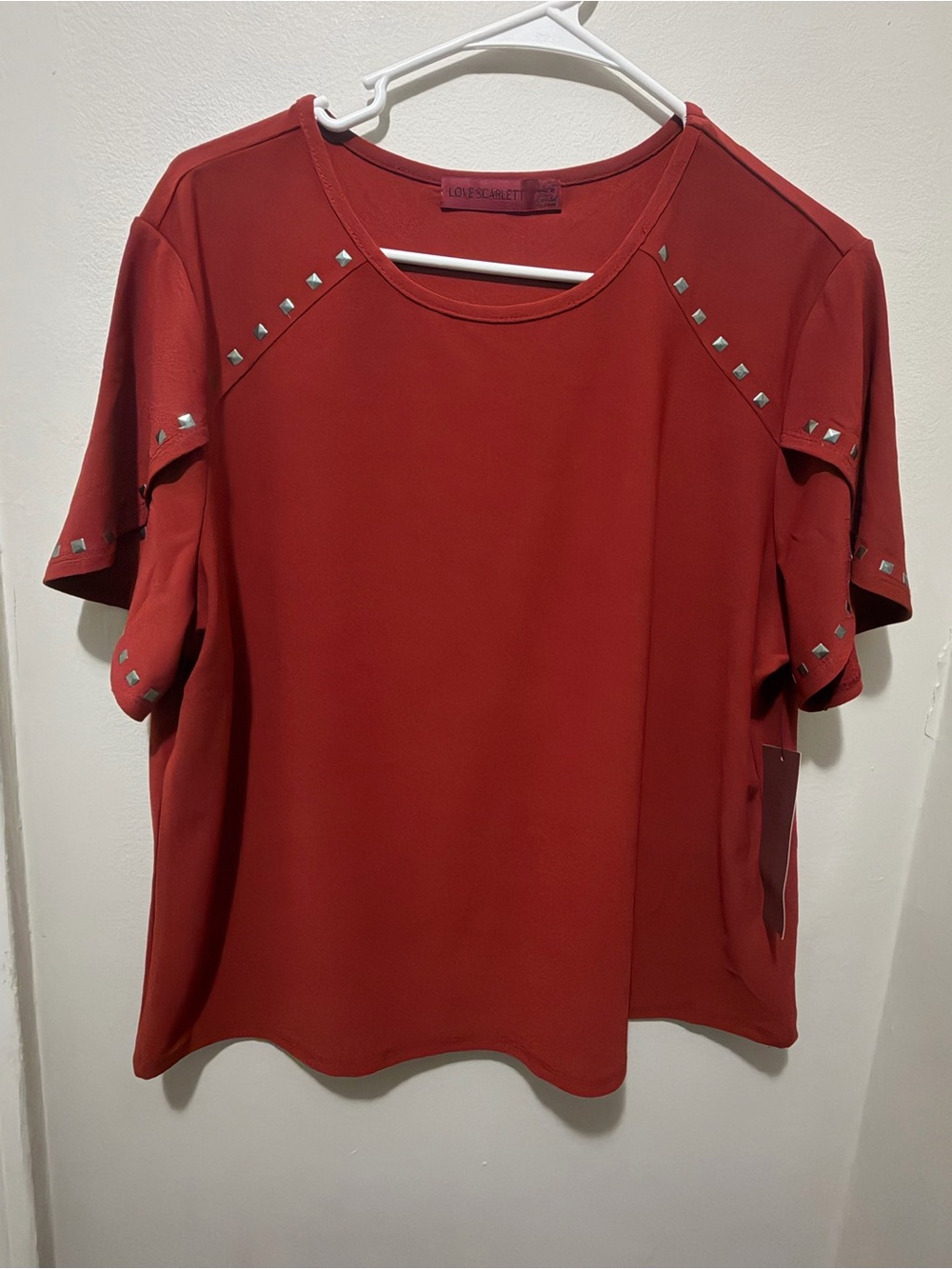 Scarlett Brick Red Short-Sleeve Top with Silver Studs